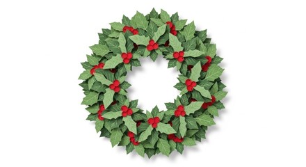 Festive holly wreath bursting with vibrant green leaves and bright red berries, perfect for elegant Christmas and winter holiday decorations.