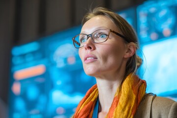 A professional woman stands in a contemporary office, focused on discussions about technology. Digital screens behind her show various data visualizations. It is a bright and dynamic environment