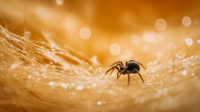 Black spider on shiny golden web macro close-up