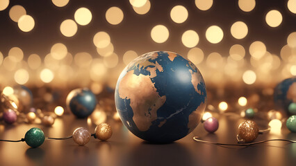 Earth globe surrounded by decorative lights, creating a festive and global atmosphere