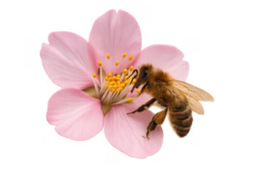 Honey bee collecting pollen from delicate pink almond blossom, essential for spring pollination and nature's cycle