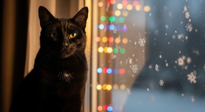 Mysterious black cat with vibrant bokeh lights and delicate snowflakes creating a magical winter evening ambiance indoors.