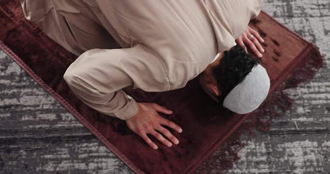 Pray, hands and man in home for muslim religion, worship and praise to Allah with mindfulness and gratitude. Above, faith and person bow in islam for peace, mat and culture with prayer in house
