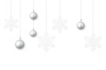 Hanging silver christmas ornaments and white snowflakes background