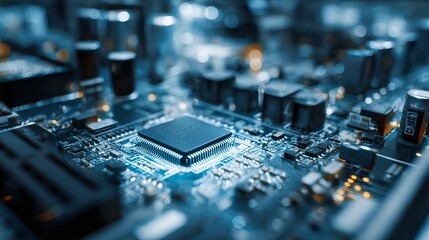 Modern microchip motherboard with intricate details and glowing blue lights for innovative technology concepts and future tech solutions