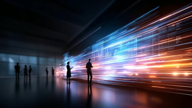 A vast digital wall displaying massive streams of big data pulsating lines of code and cascading charts flowing like neon rivers analysts interacting with floating screens atmos