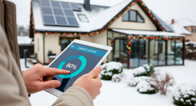 A man holds a tablet with digital data on energy consumption in a house with solar panels during the winter holidays.