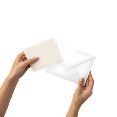 Human Hands Inserting Blank Card into White Envelope on White Background on transparent background