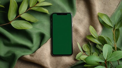 Modern smartphone with vibrant green screen on luxurious green and gold fabric with organic leafy accents perfect for app promotion or nature tech themes