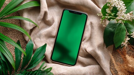 Chroma key phone mock-up with green screen surrounded by tropical greenery and flowers for an elegant tech presentation or app promotion