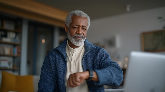 Senior man using AI health monitor to check vitals while video calling nurse, emotion of reassurance visible, symbolizing telehealth innovation, wearable diagnostics, and patient-centered - Powered by Adobe