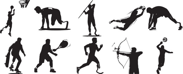 Silhouettes of diverse athletes participating in various sports showcasing inclusivity and athletic achievement in black and white vector graphics