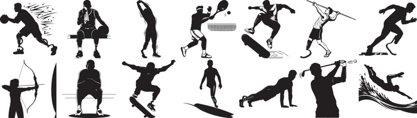 Diverse athletes in action silhouettes showcase sports like basketball tennis skateboarding swimming and archery for fitness and competition