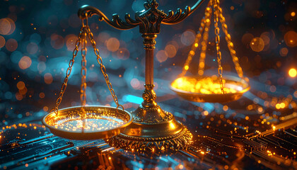 Justice in the Digital Age: A symbolic representation of justice, a golden balance, stands against a backdrop of complex digital circuits.