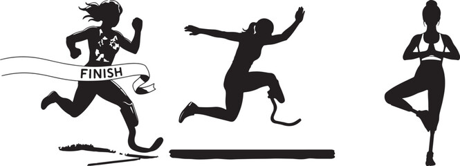 Silhouette illustrations showcasing adaptive athletes in running jumping and yoga poses promoting inclusivity and athletic achievement for all individuals