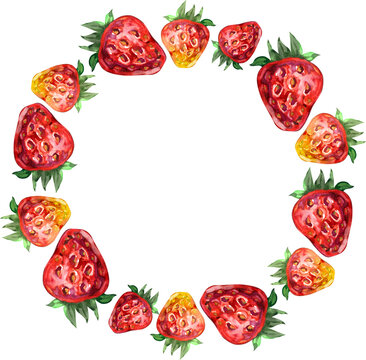 Round frame wreath of strawberries painted by watercolor isolated