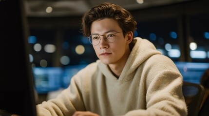 Hacker-turned-analyst securing enterprise data infrastructure in neon-lit SOC room, emotion of focus visible, symbolizing ethical cybersecurity operations, data protection, and advanced AI
