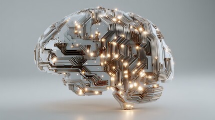 Futuristic brain concept with glowing circuitry for science, technology, and AI projects offering a modern, powerful visual for your marketing needs