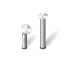 Nails hammered into wall steel straight and bent metal hardware spikes. Hobnails with grey caps top view isolated on transparent background. Vector