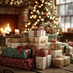 暖炉とクリスマスツリーの光の中で積み上げられたホリデーギフト | Stacked holiday gifts glowing in front of a fireplace and Christmas tree lights