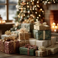 暖炉とクリスマスツリーの光を背景に、豪華なラッピングされた多数のプレゼントが積み上げられた屋内 | Stack of luxuriously wrapped presents on a wooden floor against the backdrop of a fireplace and illuminated Christmas tree.