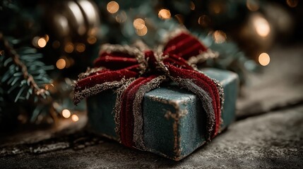 アンティーク調の木製テーブルに置かれたレトロなクリスマスギフトボックスとボケ | Retro Christmas gift box placed on an antique wooden table with festive decoration and bokeh