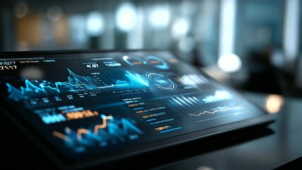 A wide digital dashboard displaying advanced data analytics metrics and charts glowing in soft blue light atmosphere of intelligence monitoring and performance management with - Powered by Adobe