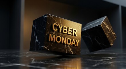 Sleek Cyber Monday promo graphic. Marble cubes with gold text. Ideal for e-commerce, digital marketing, retail promotions, sales campaigns, and tech industry visuals.