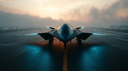 Futuristic stealth aircraft poised for takeoff at dawn, embodying innovation and advanced technology perfect for aviation and defense concepts
