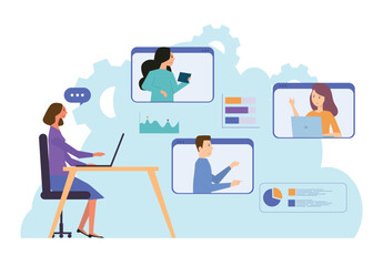 Woman engaging in a video call with three participants, suitable for remote work, virtual meetings, online communication concepts