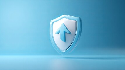 Strong security shield with arrow symbolizes protection and growth on a modern blue background, perfect for technology, finance, or business concepts