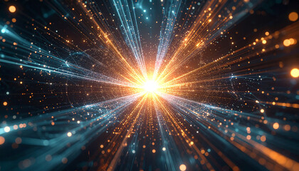 Fototapeta premium Data Stream Symphony: A mesmerizing display of digital pathways converge towards a bright, luminous epicenter, painting a picture of interconnected networks and vibrant energy