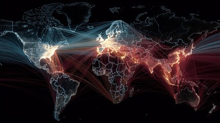 Global connectivity network illuminating vibrant world map with data streams and glowing cities, perfect for technology or international business concepts