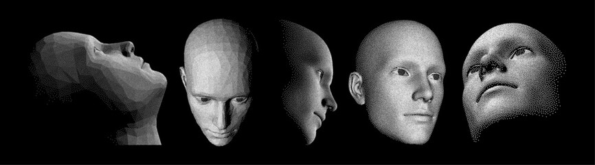 Human faces created from particles.  Technology concept. Anonymous social masking. Cyber security. Black and white. Vector illustration.