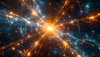 Fototapeta premium Digital Cosmic Symphony: An abstract explosion of radiant energy, weaving a complex network of light and connections. Showcasing the intricacies of the digital universe