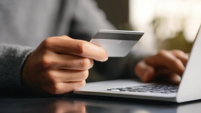 A hand holds a credit card near a laptop keyboard, illustrating internet purchasing and electronic payment methods. The image highlights convenience, security, and the digital economy in daily life