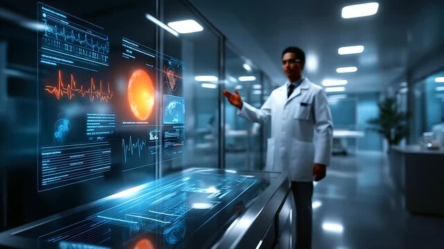 A futuristic hospital command center where glowing digital dashboards display electronic health records patient vitals updating in real time on holographic charts atmosphere of