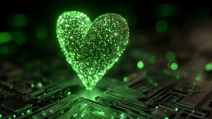 Futuristic digital heart glowing on circuit board, perfect for technology love stories or modern romance themes with a vibrant, edgy vibe