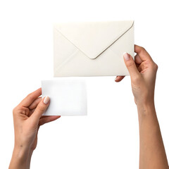 Hands Presenting Cream Envelope and Blank White Card for Message on transparent background