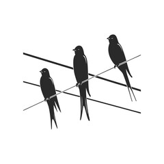 A black bird silhouette vector illustration, perhaps a crow or sparrow, on a wild nature branch