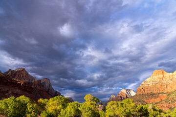 Stormy skies over Zion National Park's colorful mountains.