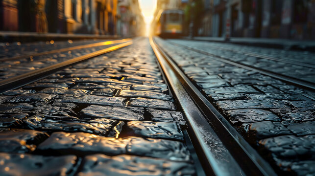 Wet cobblestone street with tram tracks and distant tram at sunset rain