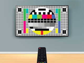 Remote control is pointed at the no signal TV on the wall.