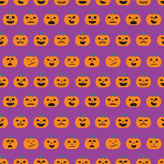 Orange pumpkins with cute faces. Halloween seamless pattern.