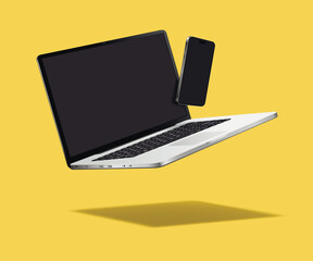 Levitation laptop with smartphone mockup