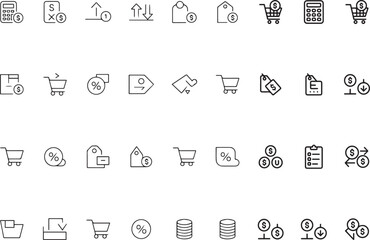 A collection of outline icons related to e-commerce and business transactions, set against a background