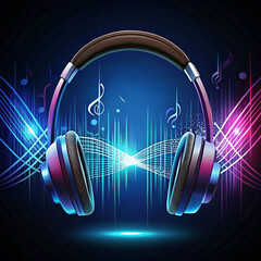 A headphone illustration with a flowing music