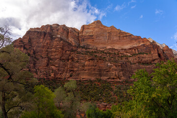Fototapeta premium Towering red rock cliffs under a blue sky with clouds.