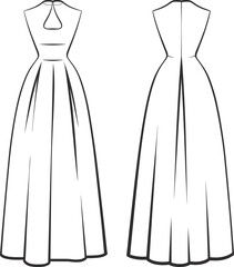 Elegant dress technical flat, fashion illustration front back view, keyhole neckline, pleated skirt, fitted bodice, full length garment design
