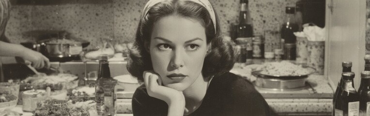 A young woman sits thoughtfully in a bustling kitchen filled with food preparations. Various dishes and drinks surround her, capturing a lively atmosphere from the 1950s